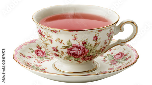 Delicate floral teacup filled with steaming pink tea on transparent background cup saucer rose roses flower