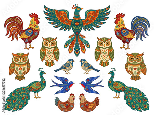 A collection of decorative folk art birds featuring roosters owls peacocks and swallows with intricate patterns.