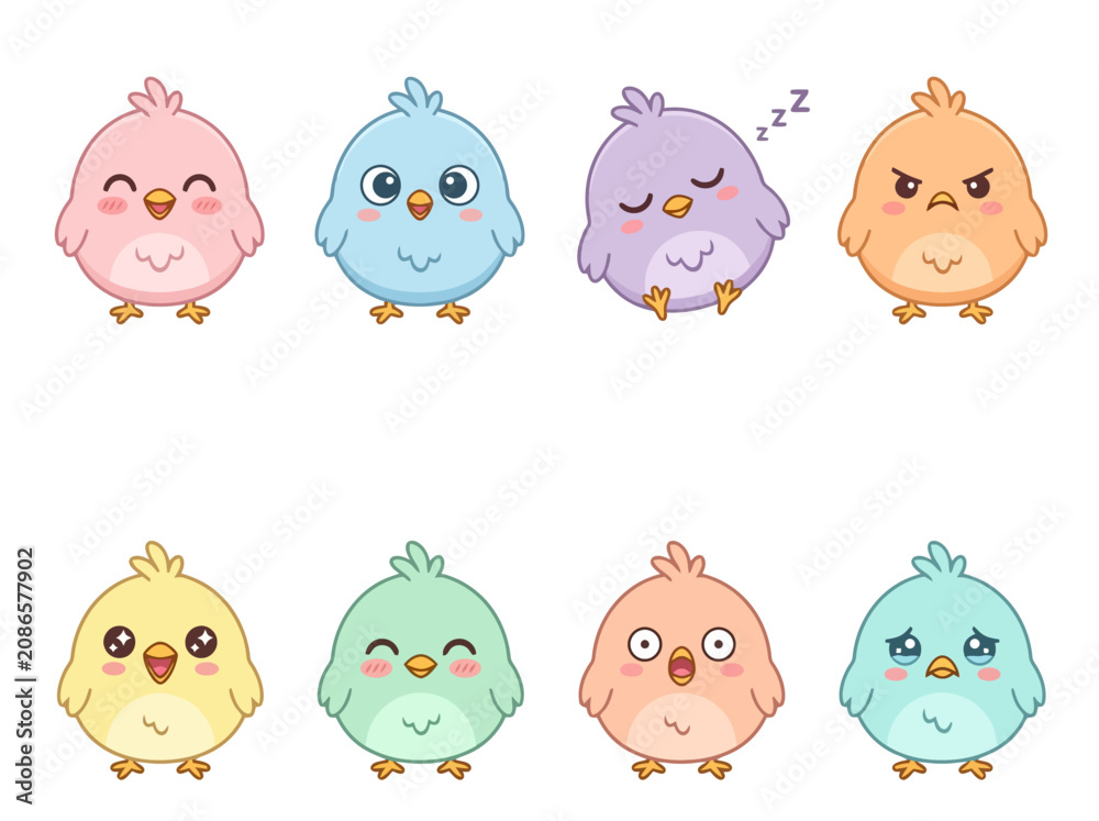 Fototapeta premium A collection of eight colorful cartoon chicks with various facial expressions and emotions.