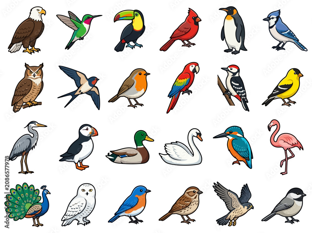 Fototapeta premium A collection of various colorful bird species illustrated in a cartoon style.