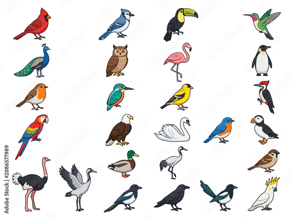 Fototapeta premium A collection of various colorful bird species illustrated in a cartoon style.