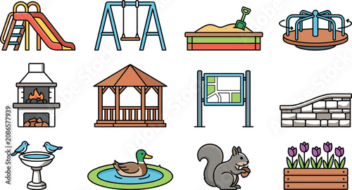 Fotografie City Park and Public Playground Equipment Icon Set with Slide Swing Sandbox Caro