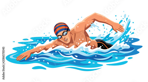 Tableau sur toile Flat style vector illustration of man performing freestyle swimming in a competition pool with energetic splashes
