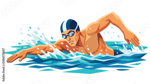 Photos Flat style vector illustration of man performing freestyle swimming in a competition pool with energetic splashes