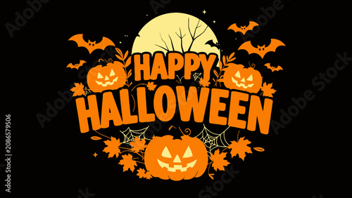 Happy halloween greeting with pumpkins bats and glowing moon