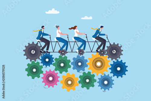 Team effort to progress to work achievement success, productivity or efficiency collaboration work, teamwork or organization office process, business people coworker help ride cogwheels bicycle.