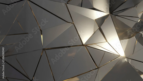 Dark grey abstract surface with sharp geometric triangular facets and subtle travelling light reflections forming a cinematic pattern. Luxury tech background concept
