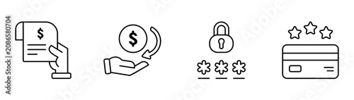 Receipt invoice icon line set featuring loyalty rewards, cashback, payment security, password protection, finance illustration
