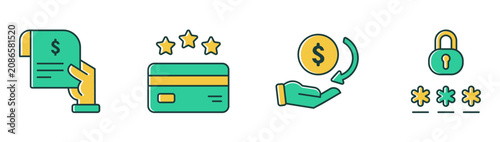 Cashback loyalty reward icon set featuring receipt invoice, secure payment, password, finance illustration