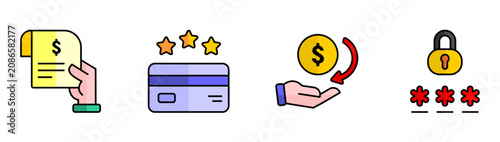 Loyalty reward payment icon collection featuring receipt invoice, cashback, password security, finance illustration