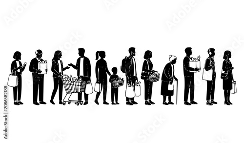 Photos Grocery shopping queue silhouette bundle with customers standing in line vector