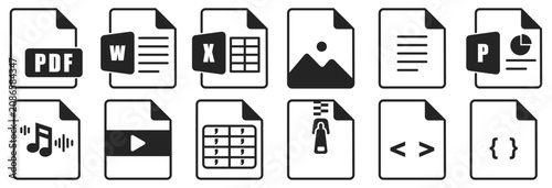 Tableau sur toile Modern Flat Vector File Type Icons Set – Office, Media and Document Formats