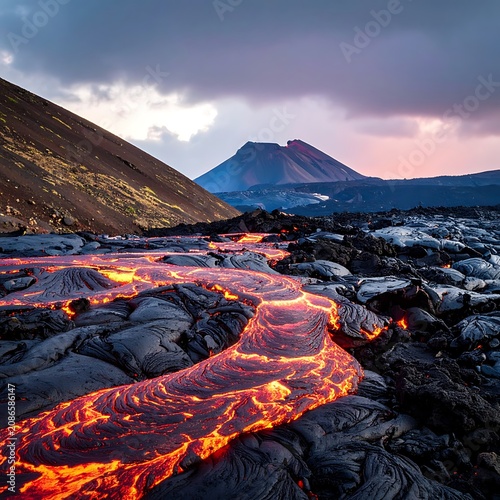 Molten lava flows across rugged volcanic landscape