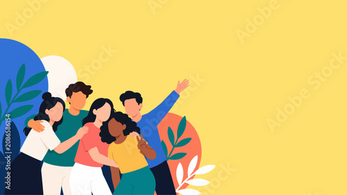 Happy and diverse group of friends hugging and celebrating together in a colorful flat vector illustration