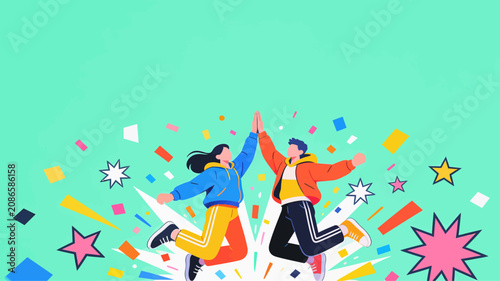 Tableau sur toile Joyful individuals celebrating success with confetti and vibrant colors, conveyi