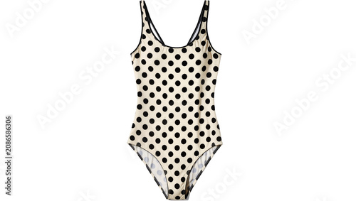 Photography Cream one-piece swimsuit with black polka dots and black trim