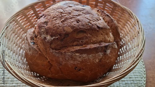 Fresh Homemade Rustic Bread Loaf in Wicker Basket