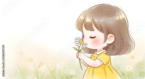 Adorable child in yellow dress smelling a white daisy flower in a soft watercolor meadow