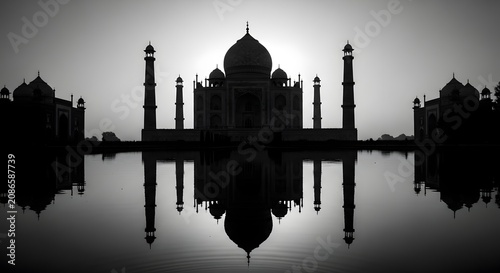 Majestic silhouette of Taj Mahal reflected in water at sunrise, Agra, India
