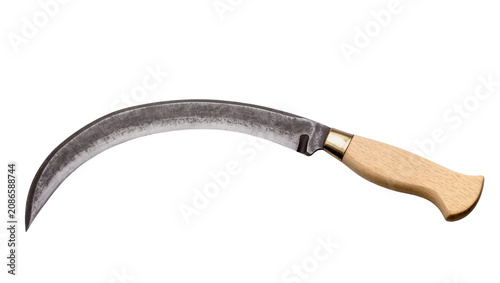 Foto Curved metal sickle with wooden handle and brass ferrule