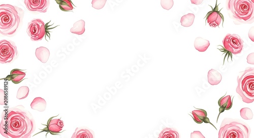 Elegant pink watercolor roses and buds border frame on white background
