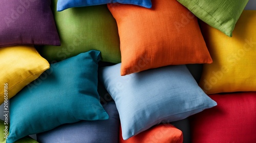 Colorful assortment of square pillows in various shades arranged in a layered composition, showcasing textures and vibrant hues from a top view perspective