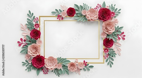 Elegant blank gold frame with pink and red paper flowers for wedding invitation background.