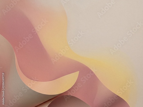 Abstract curved paper art background with layered waves in pastel pink, yellow, and beige