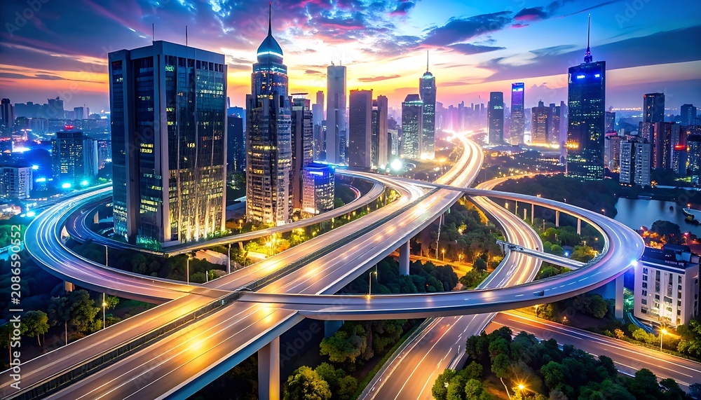 Fototapeta premium Aerial cityscape with highway interchange at sunset (3)