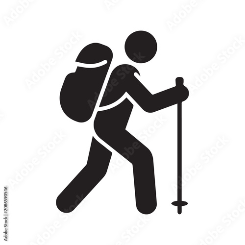 Black vector icon of a hiker with backpack and walking stick isolated on white background
