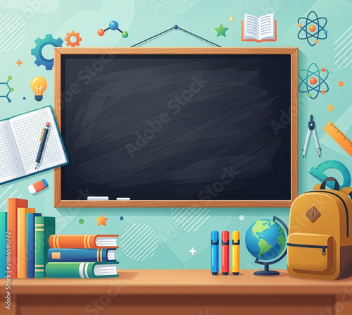School background with a blackboard, crayons, a backpack, a globe, a tablet, books, and a calculator