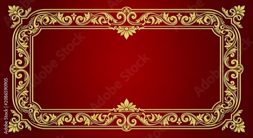 Ornate golden vintage frame with floral filigree on red background for luxury invitations