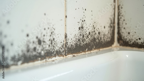 Black Mold in Bathroom. Shower Seal Damage. Moisture Problem Close Up.