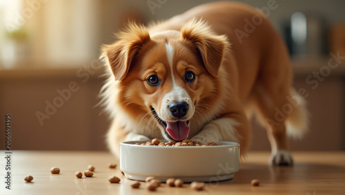Happy Dog Eating Meal. Pet Nutrition Scene. Domestic Animal Feeding.
