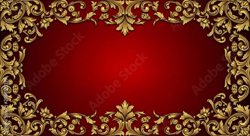 Luxury ornate golden baroque frame with vintage floral patterns on deep red textured background.
