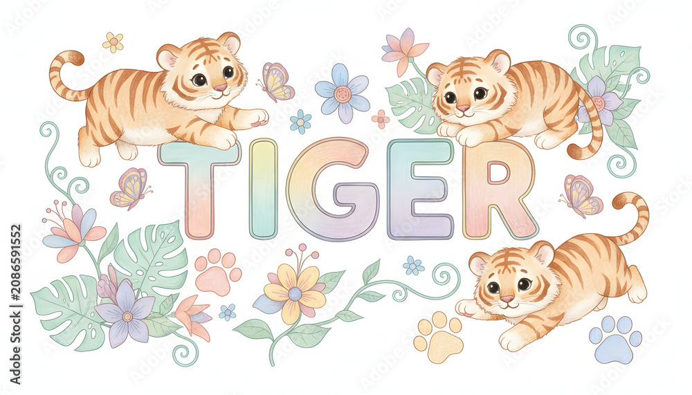 Obraz premium Cute Tigers Illustration with Flowers and Butterflies, Whimsical Design for Kids