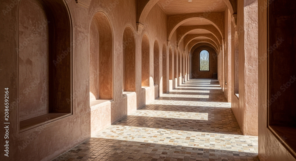 Obraz premium Sunlit ancient corridor with arches