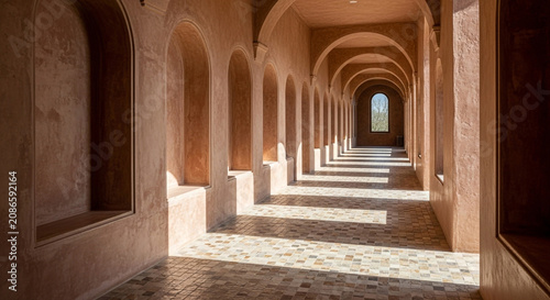 Sunlit ancient corridor with arches