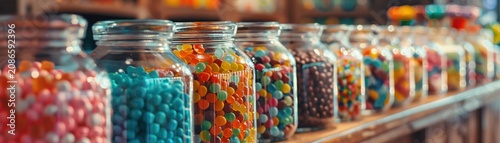 A vintage candy store with rows of colorful jars filled with jellybeans, lollipops, and gummy bears 4K