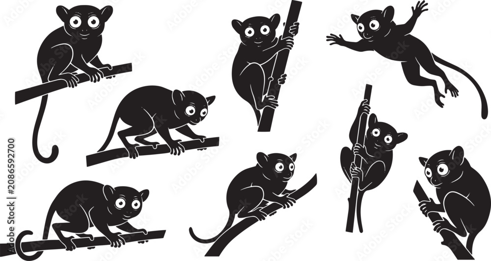 Naklejka premium Monkey silhouettes, black monkey icons, vector monkeys, climbing animals, wildlife illustrations isolated on Transparent Background