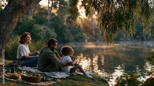 Aunt and Uncle’s Day: an uncle teaching his nephew how to fish by a calm lake at sunrise, aunt watching happily from a picnic blanket nearby, soft morning mist, candid emotional moment