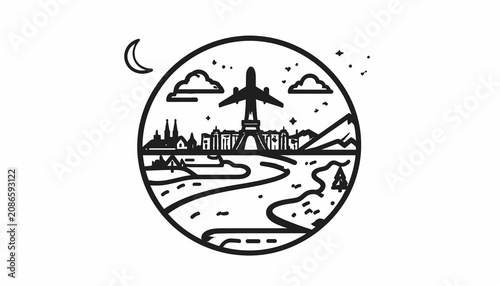 Airplane flying over cityscape at night.