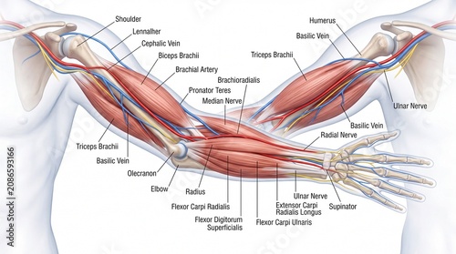 Human arm anatomical structures including muscles nerves arteries and veins labeled in detailed medical illustration showing biceps triceps brachialis and forearm anatomy for educational use