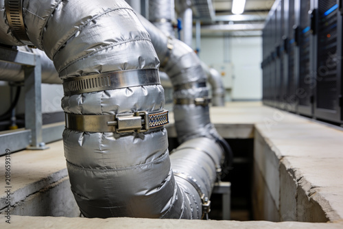 Obraz na plátně Insulated industrial pipes in a data center with server racks in the background