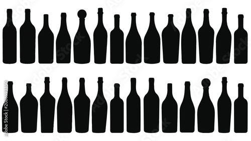 A seamless pattern of black silhouettes of bottles arranged in rows on a white background