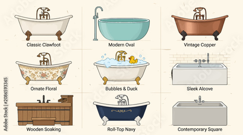 Fotografía Collection of Flat Design Vector Illustrations of Bathtubs in Various Styles, in