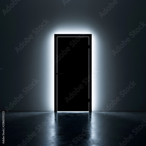 Closed door with bright white light glowing from the edges in a dark minimalist room