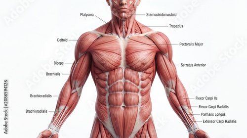Muscular system male torso anatomical illustration labeled muscles front view educational human anatomy detailed realistic medical fitness health