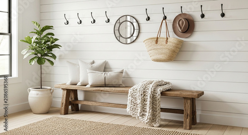 Cozy Modern Farmhouse Entryway with Bench and Decor