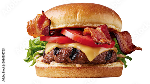 Foto Juicy bacon cheeseburger with fresh lettuce and tomato slices, isolated on trans